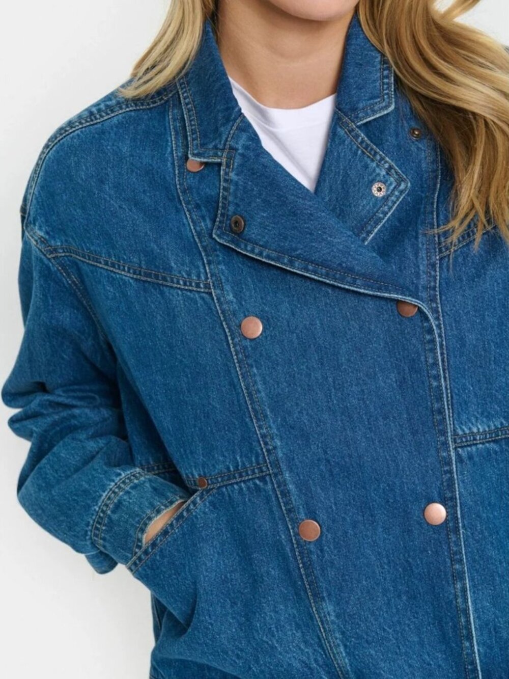 Saint Tropez Cotton Denim Moto Double Breasted Jacket Boxy Fit Oversized Large